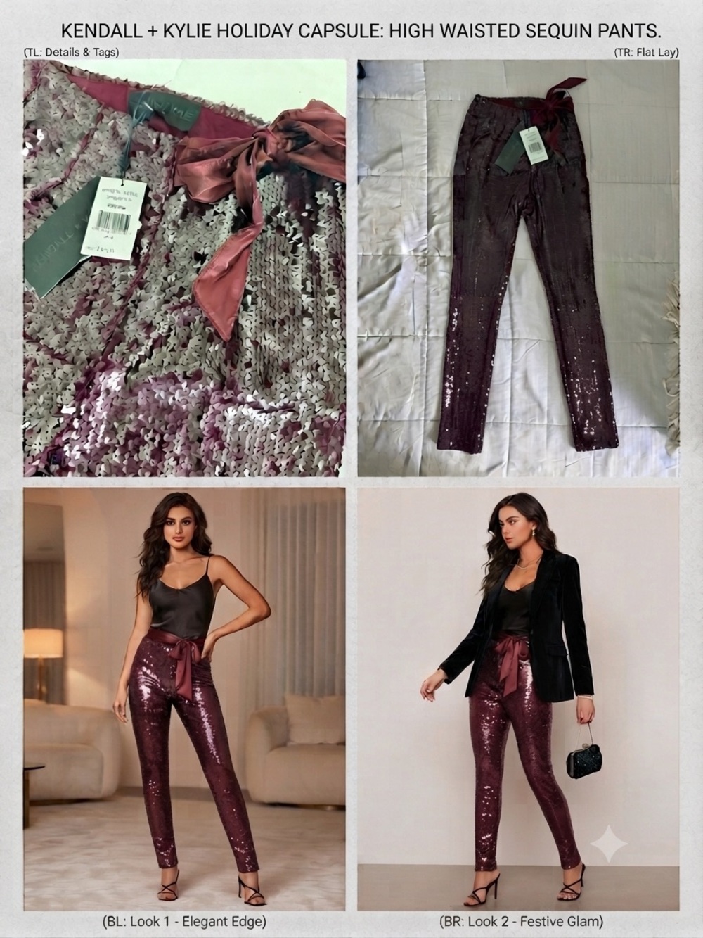 Kendall & Kylie High-Waisted Sequin Skinny Pants — Deep Wine